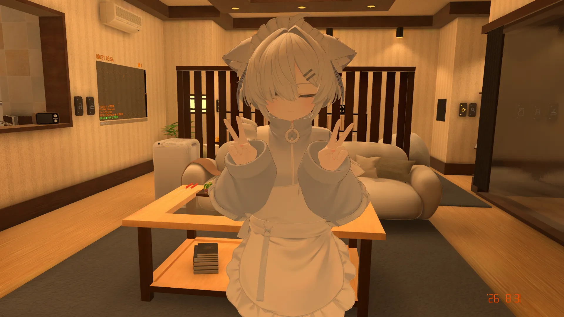 VRChatの室内で、白いアバターが両手でピースをしているスクリーンショット